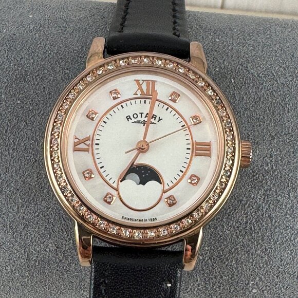 Swiss Rotary Moon Phase Watch, Stylish Polished Rose Gold Dazzling Crystal Bezel - Picture 1 of 8